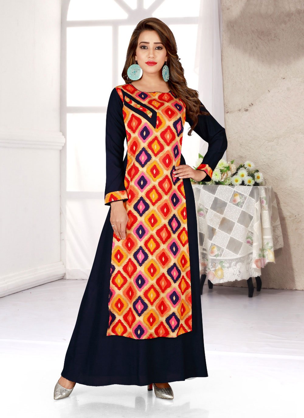 Designer Gown Print Rayon in Multi Colour