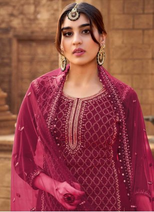 Designer Pakistani Salwar Suit Embroidered Faux Georgette in Magenta