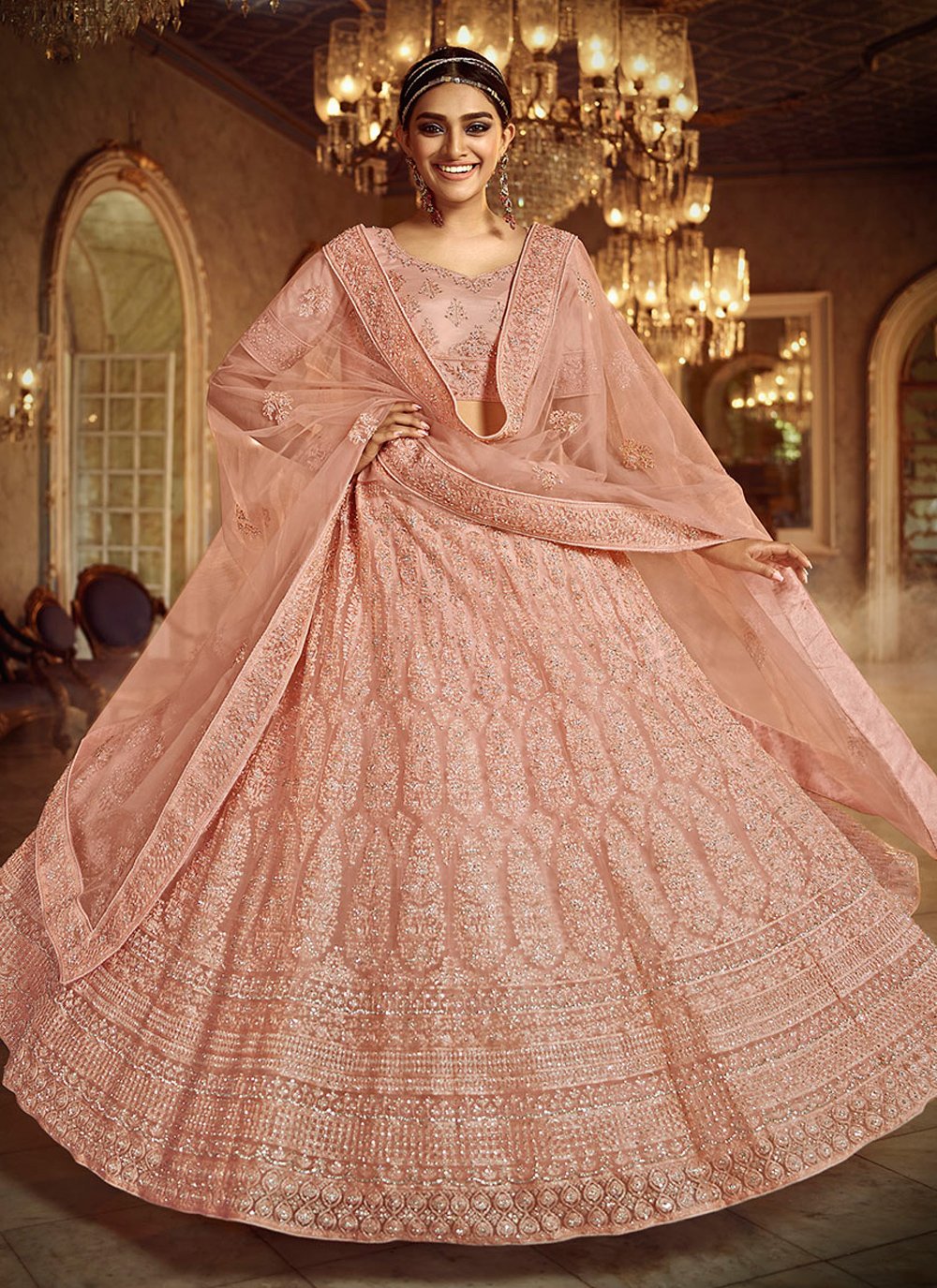 Peach Color Wedding lehenga With Matching Jewelry – Sulbha Fashions