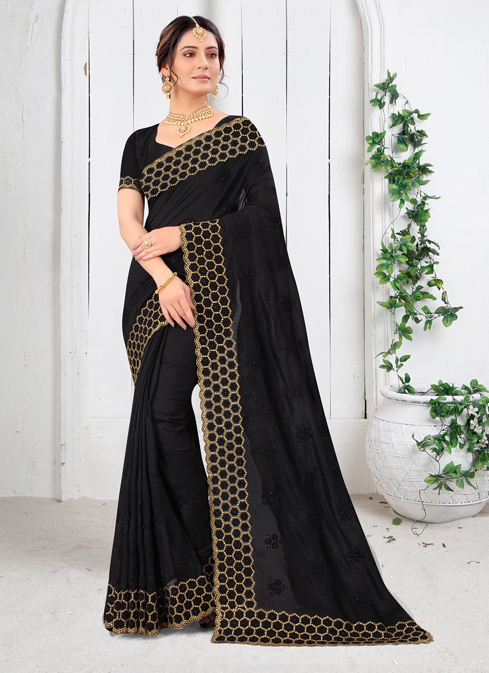 Buy Embroidered Black Silk Saree Online ...