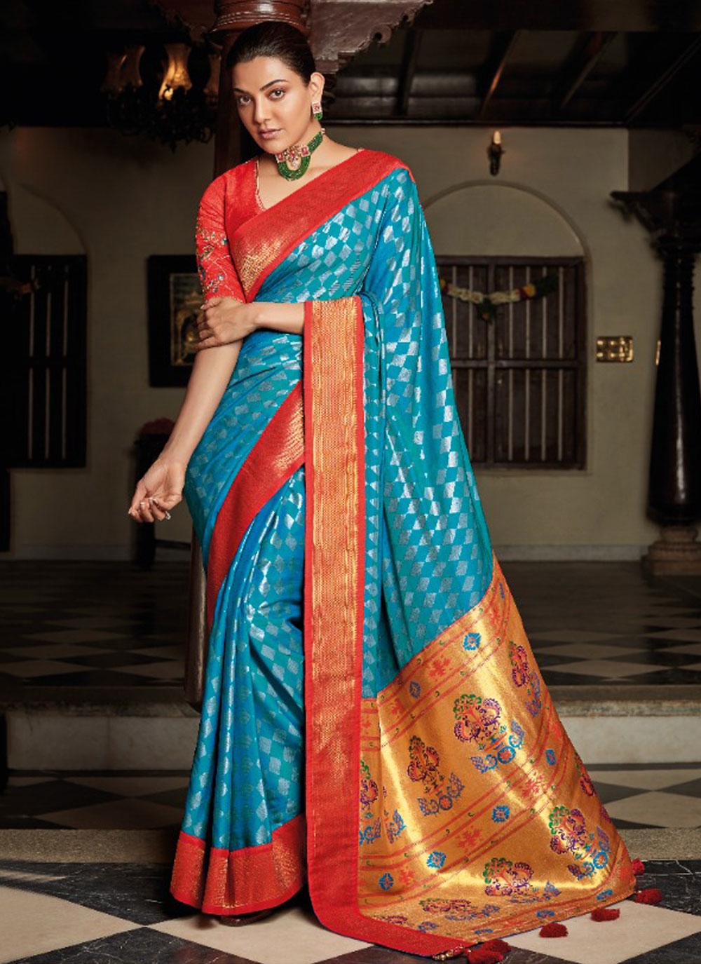 Navy Blue And Red Satin Designer Saree -