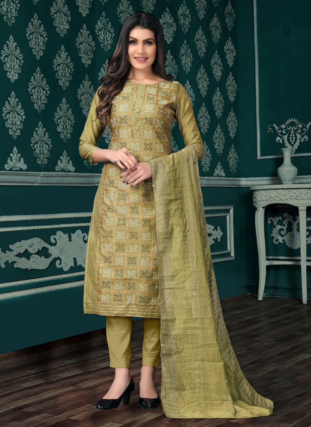 Buy Online Embroidered Chanderi Cotton Pant Style Suit in Green
