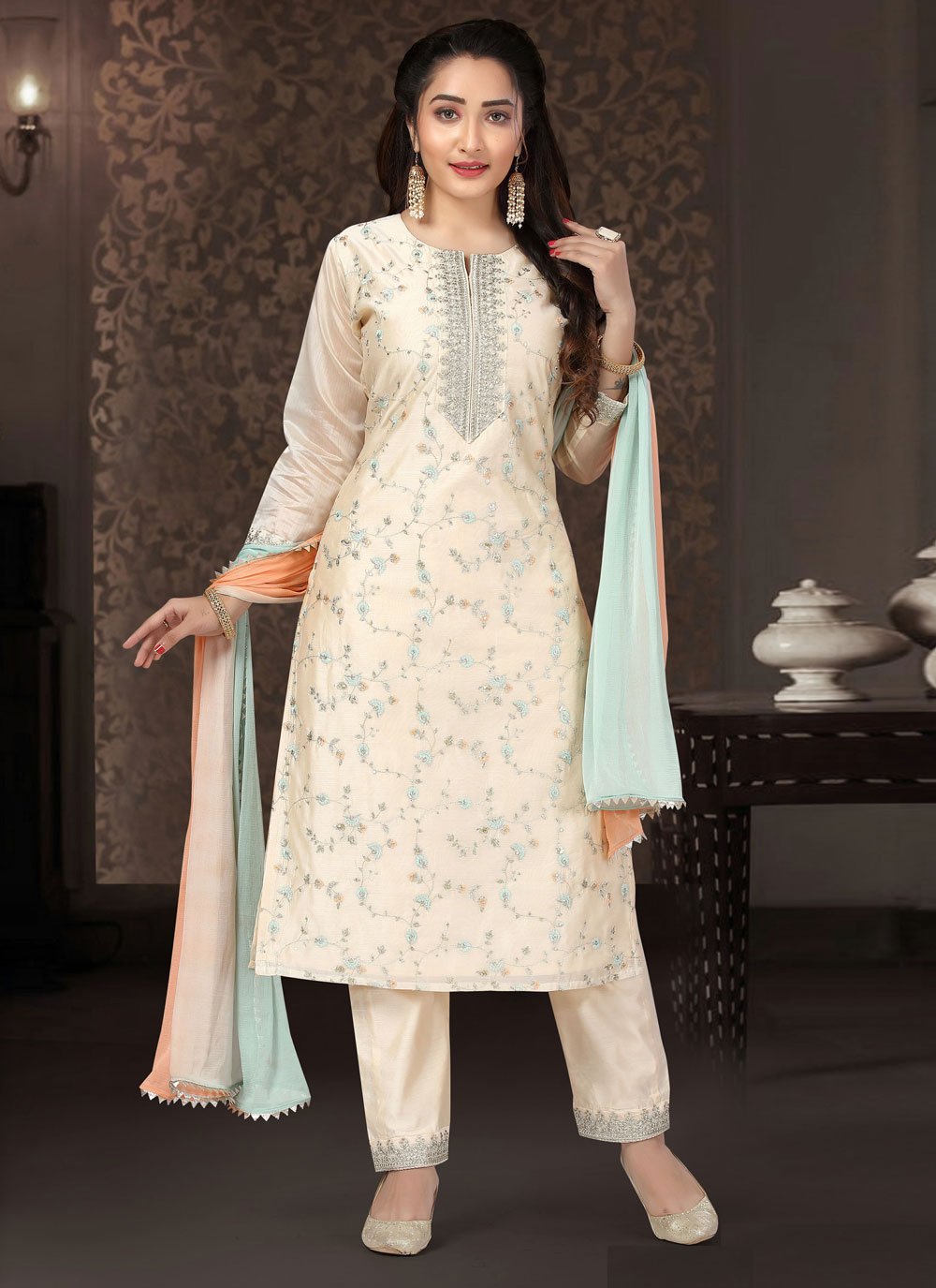 Shop Embroidered Chanderi Silk Off White Pant Style Suit Online ...