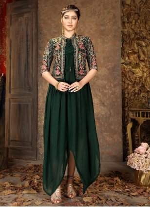 Black Indo Western Outfit in Silk with Embroidered Jacket -...