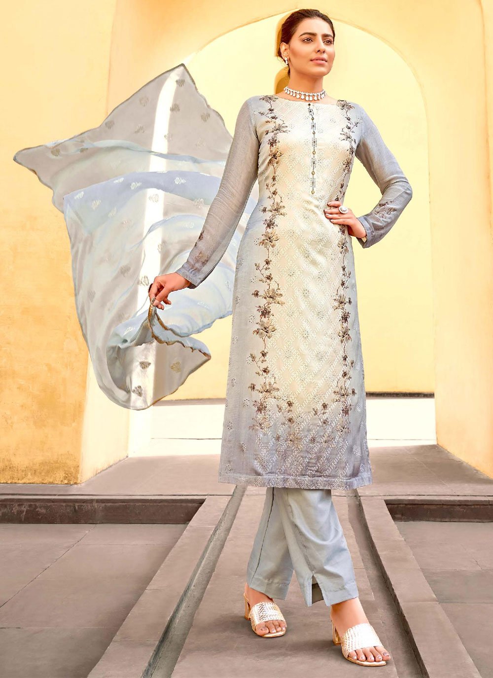 Embroidered Faux Chiffon Pant Style Suit
