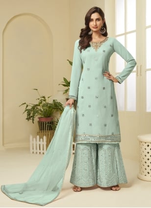 Best Faux Georgette Resham Designer Palazzo Suit in Pink : 52835 