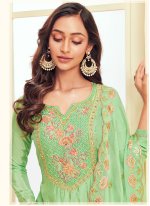 Embroidered Faux Georgette Pant Style Suit in Green
