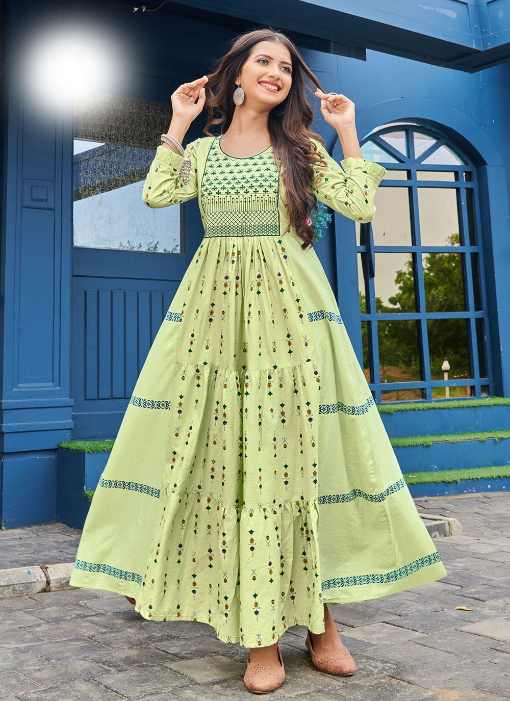 Embroidered Green Cotton Party Wear Kurti