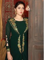 Embroidered Green Faux Georgette Designer Gown