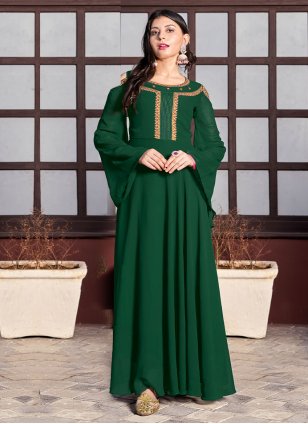 Embroidered Green Readymade Gown