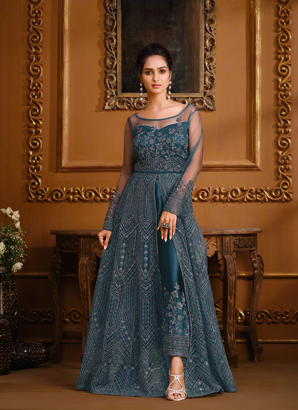 Staring Jacquard Work Teal Designer Ankle Length Anarkali Suit