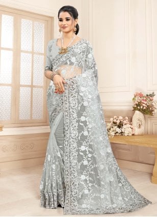 Embroidered Net Bollywood Saree in Grey