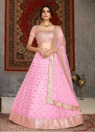 Buy Pink Organza Choli and Yellow Net Embroidery Lehenga for Girls Online