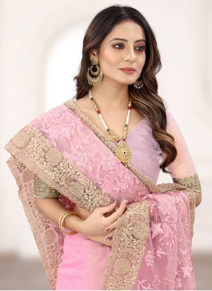 Embroidered Pink Net Classic Saree