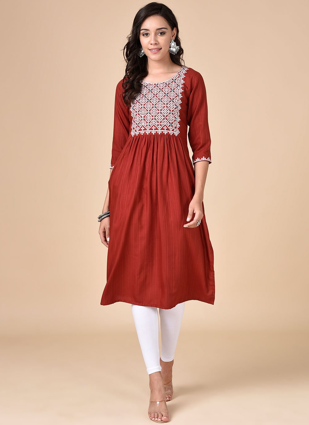 Embroidered Rayon Maroon Party Wear Kurti