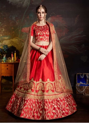 Red Art Silk Embroidered Engagement Wedding Heavy Border Lehenga Choli