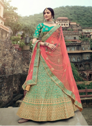 Green And Magenta Chiffon Resham Work Lehenga Saree -