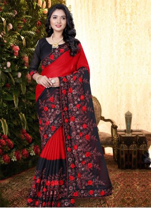 Embroidered Silk Classic Saree in Black and Red
