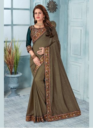Embroidered Silk Classic Saree in Brown