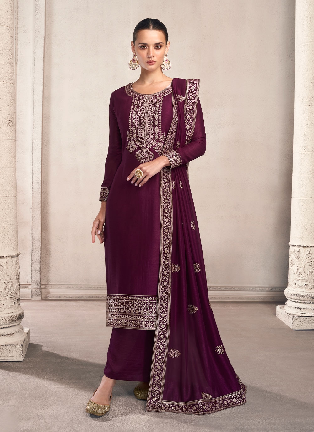 Affectionate Wine Color Palazzo Suit With Matching Dupatta