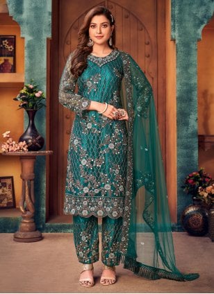 Embroidered Teal Net Layered Salwar Suit