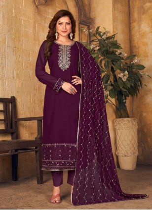 Embroidered Wine Faux Georgette Trendy Salwar Suit