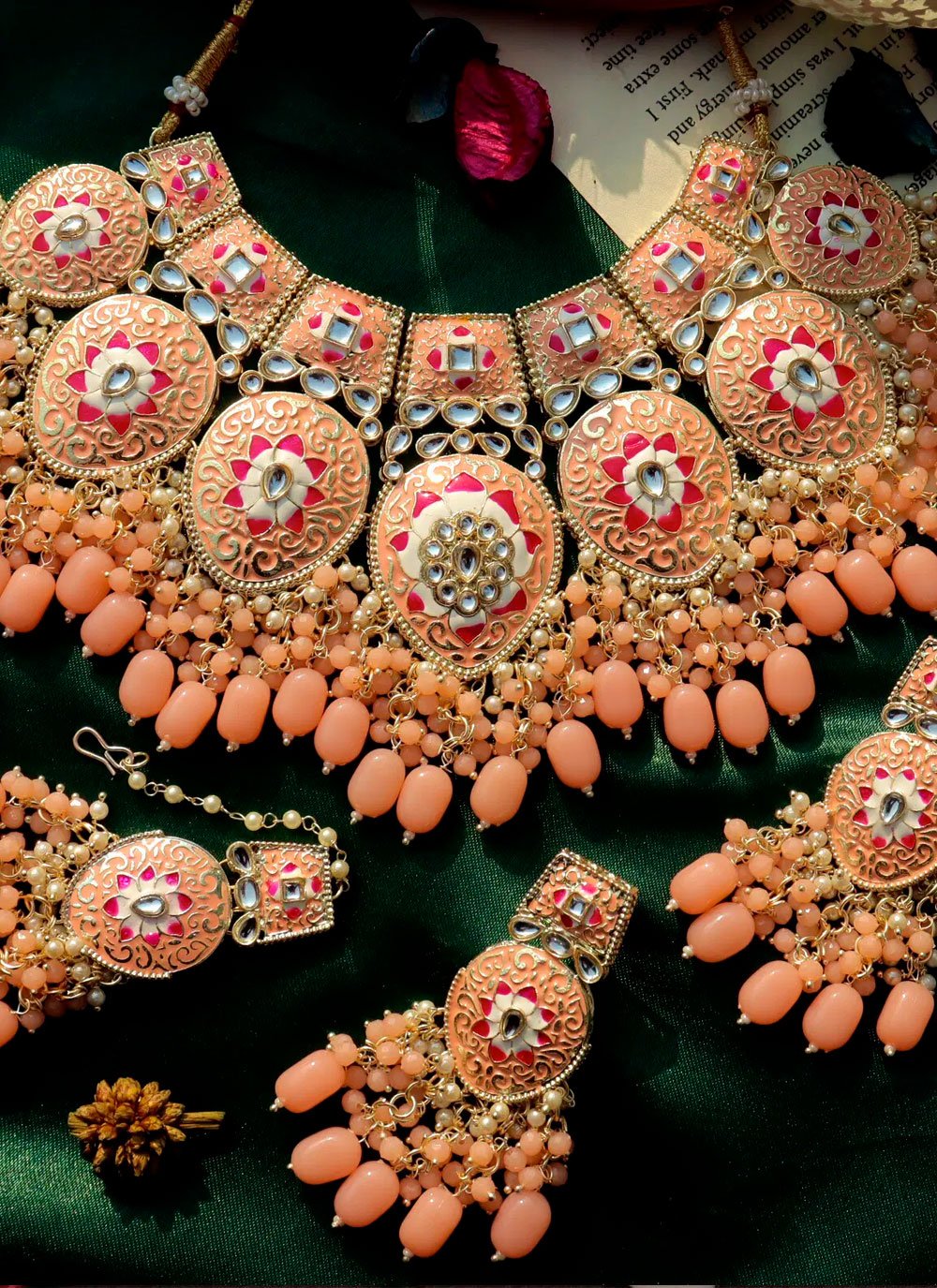 Buy Dugran By Dugristyle Orange and Green Necklace with Earring Jewellery  Set with Kundan and Pearls Online