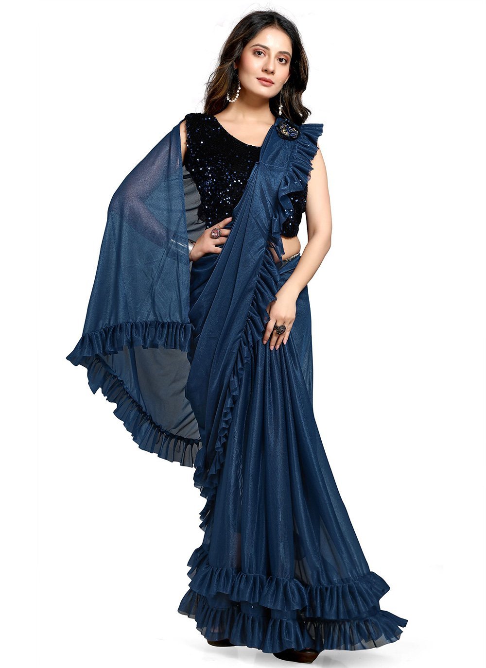 Best Fancy Blue Designer One Minute Saree : 54301 -