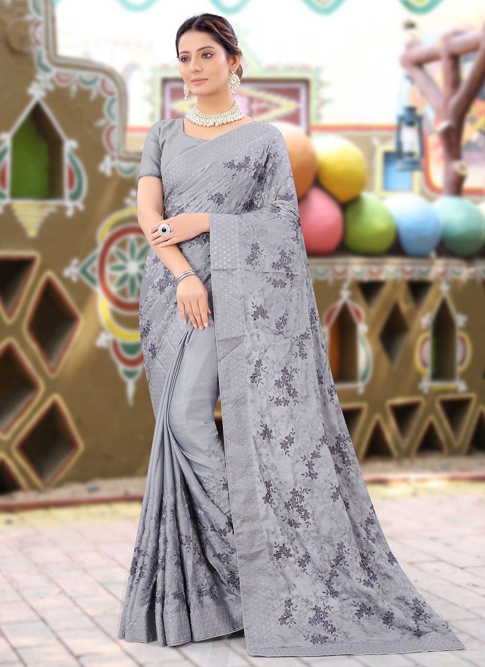 Trendy Grey Color Ready To Wear Lycra Designer Saree – Chandler Fashions