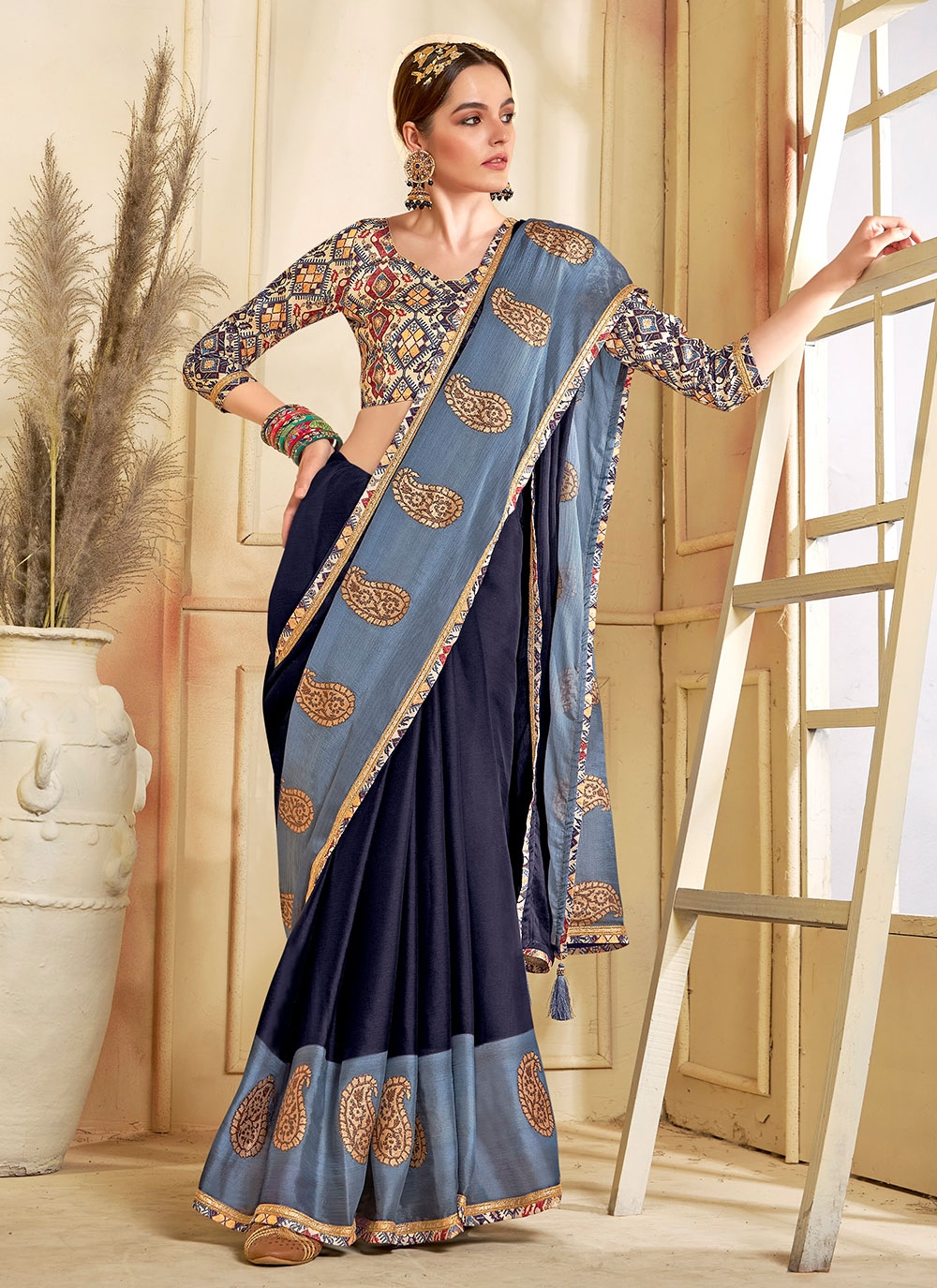 Navy blue color georgette sequnce work fancy saree - Monjolika - 4216257