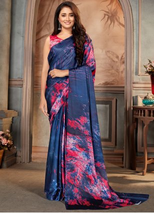 Faux Crepe Casual Saree in Navy Blue