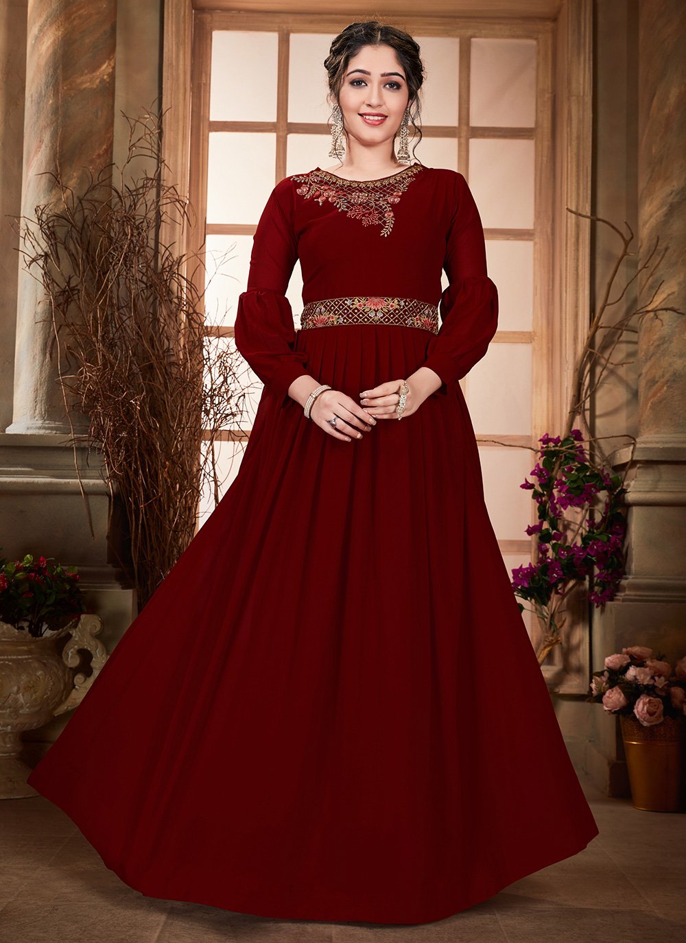 Marvelous Maroon(Color) And Gold Color Gown Premium Quality at Rs  3995/piece | Printed Gown Party Wear in Surat | ID: 19020799797