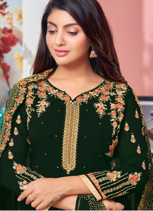 Faux Georgette Embroidered Green Pant Style Suit