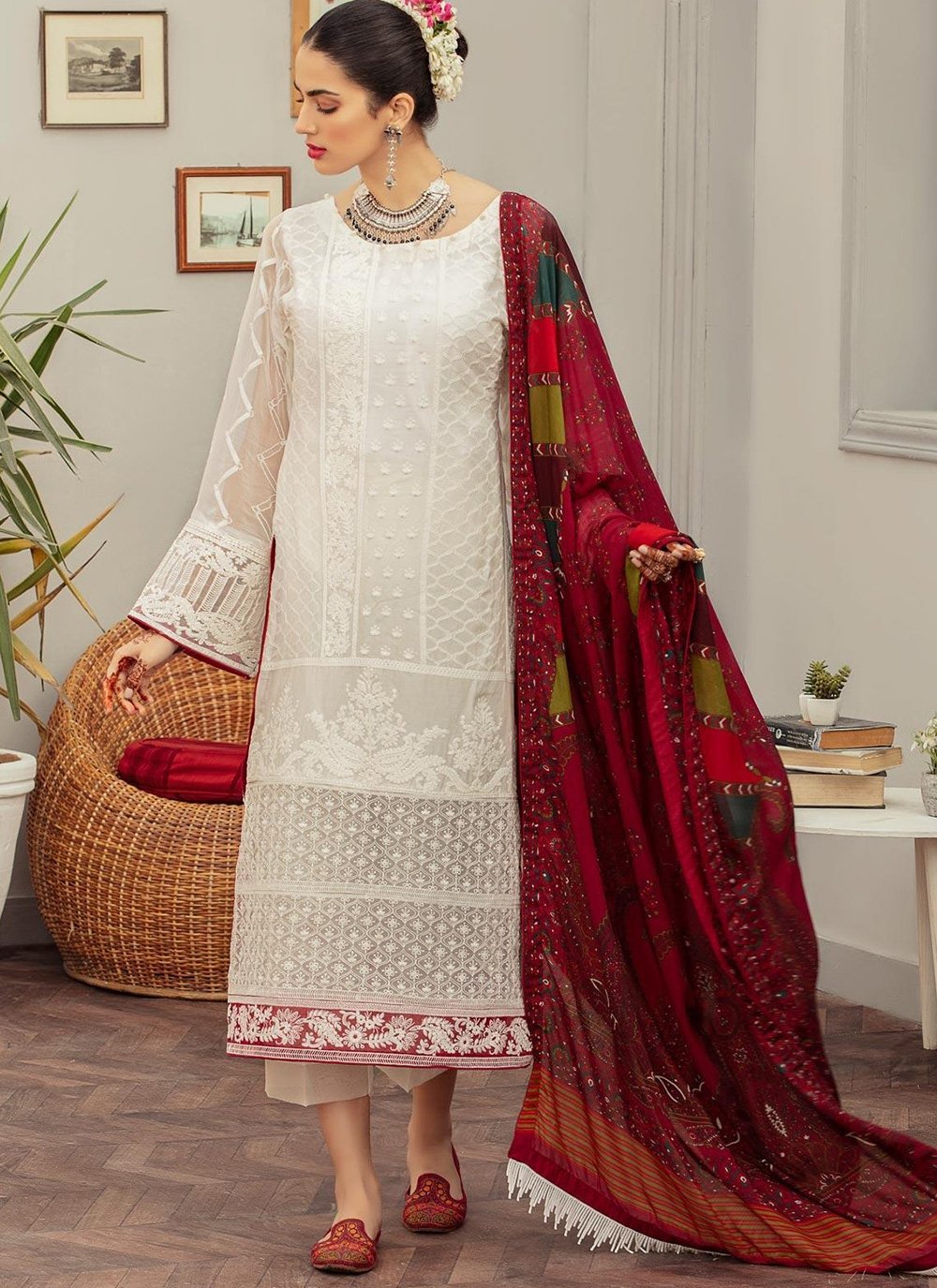 off white and maroon pakistani dress