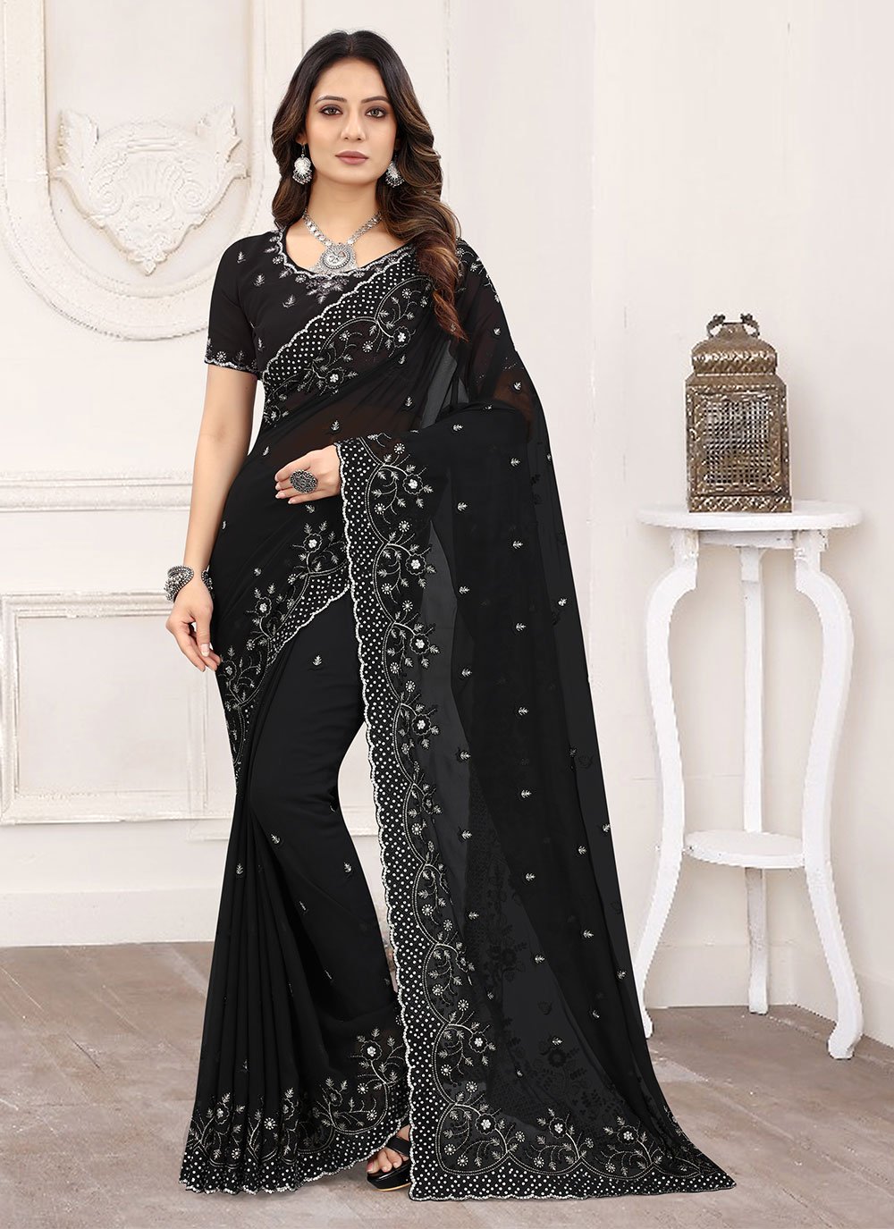 Beautiful Black Satin Georgette Stone Work Resham Embroidered Border Party  Wear Designer Saree 1810 - Womenz Fashion