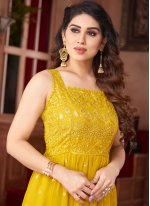 Faux Georgette Resham Readymade Trendy Gown  in Mustard