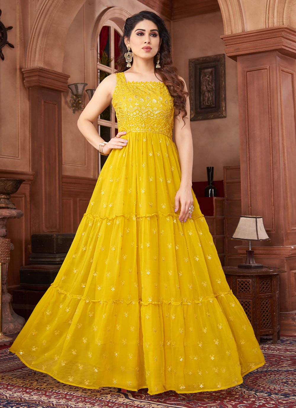 Mustard Gown with Embellished Long Sleeves | Designer party wear dresses,  Party wear dresses, Stylish dresses