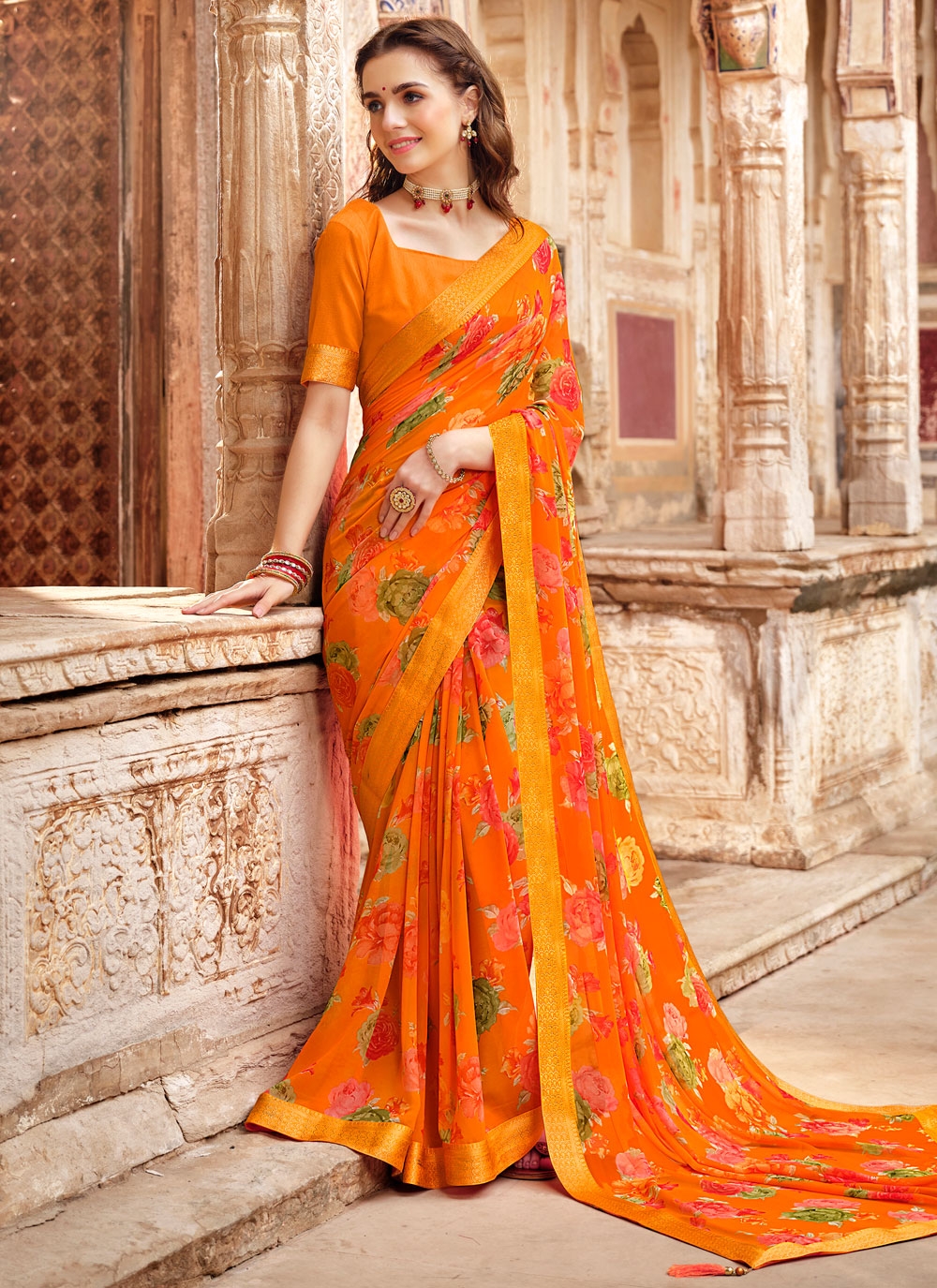 Triveni Elegant Multi Colored Printed Faux Georgette Saree at Rs 1544 |  Printed Georgette Saree in Surat | ID: 11292219191