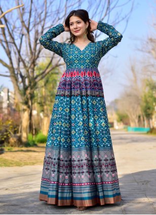 Firozi Digital Print Chanderi Floor Length Trendy Gown
