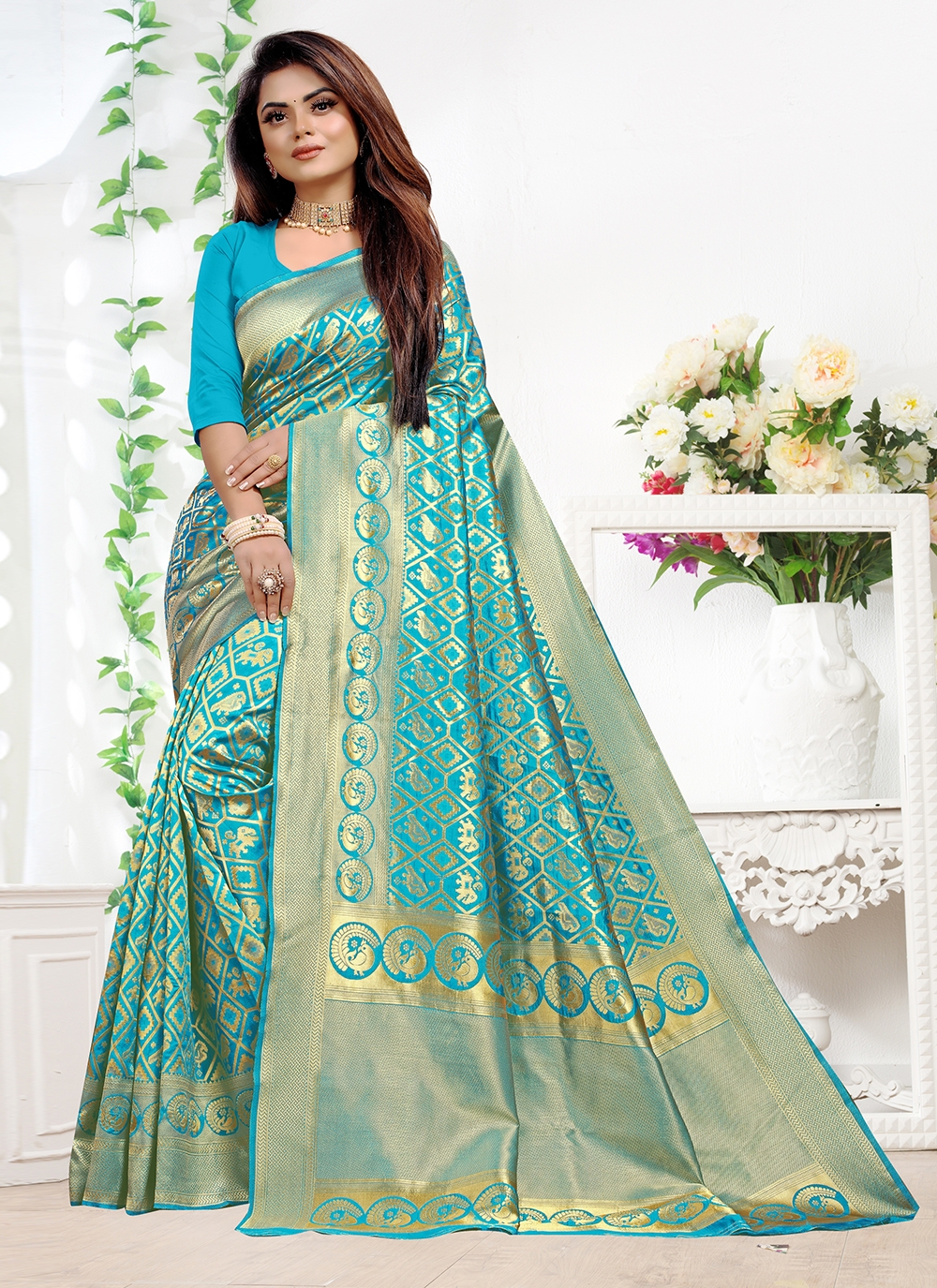 Buy Tani Bana Designer Banarasi Satin Silk Saree (Turquoise Blue Firozi)  Colour with Blouse for Women at Amazon.in