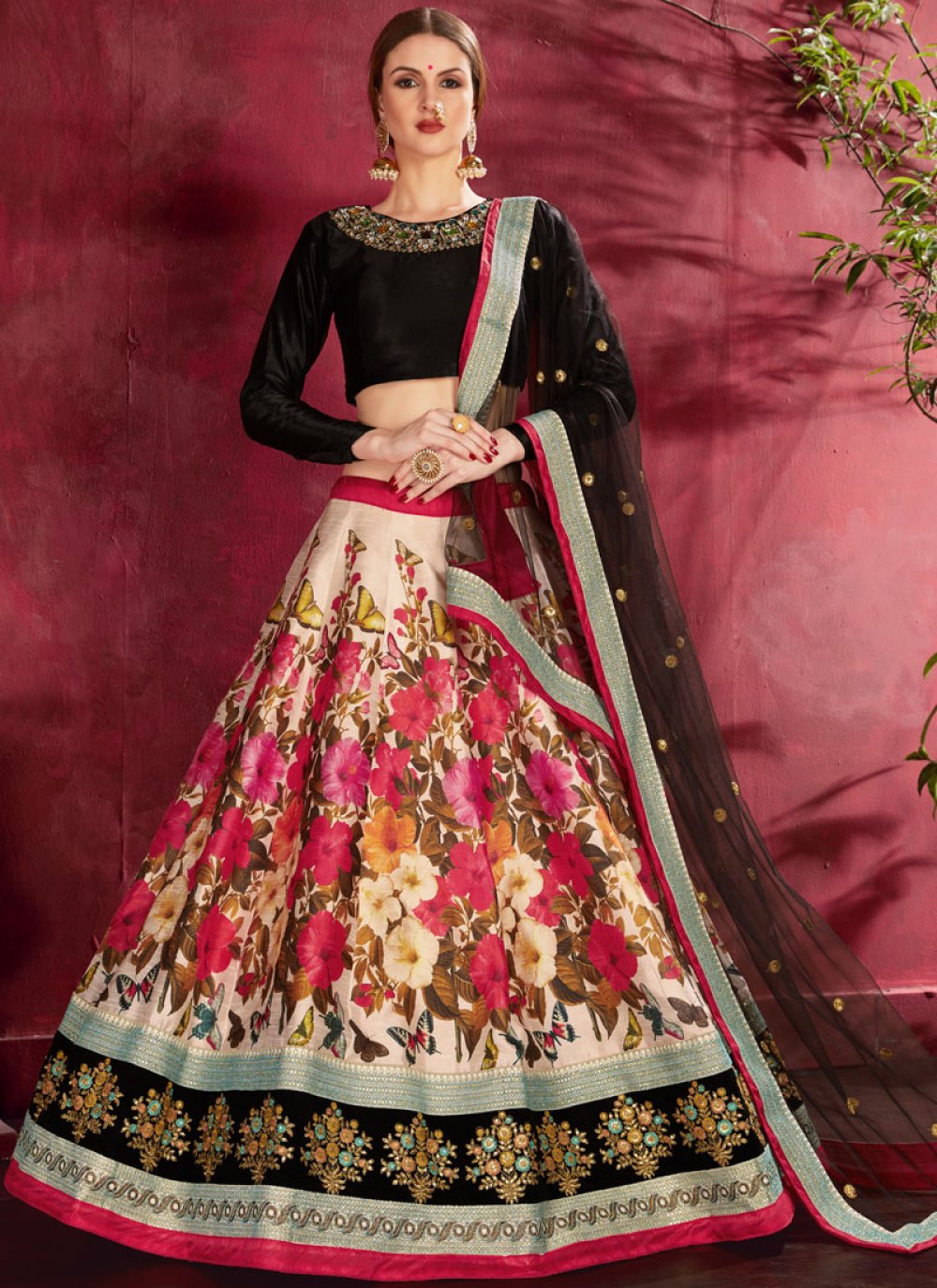 Rose Pink Georgette Embroidered Choli With Cream Spring Floral Dupion Print  Lehenga And Rose Pink Net Mukaish Dupatta