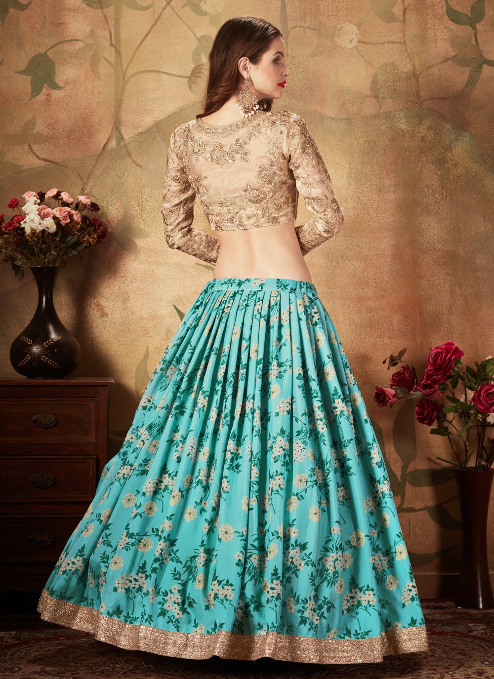 Buy Sky Blue Floral Printed Organza Silk Partywear Lehenga Online @ Lowest  Price From Theindianlehnga | Indian Wear