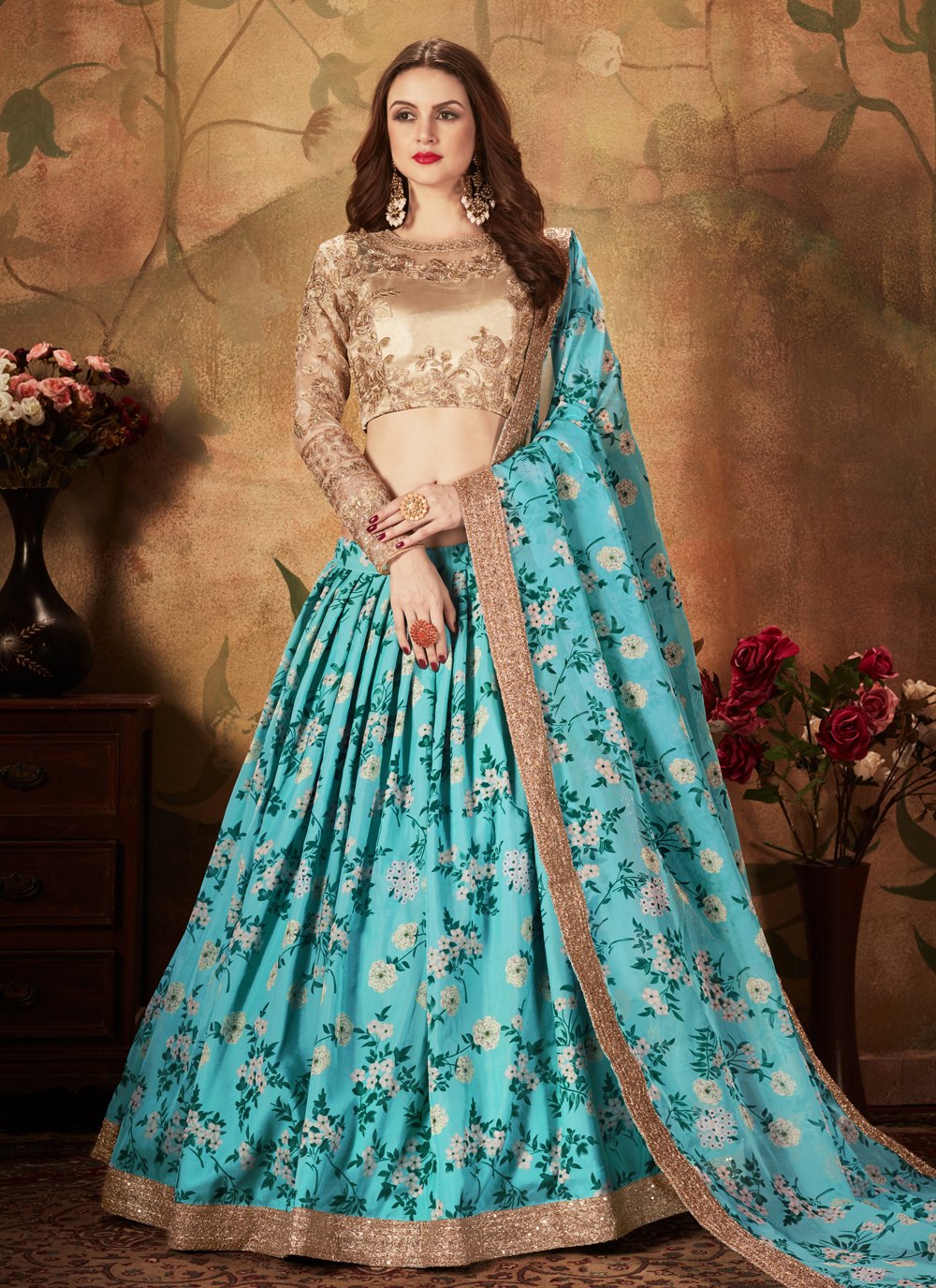 Aqua Blue Lehenga with Pearl Work and Embroidery Work Blouse – Fabvilla