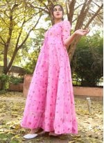 Foil Print Chanderi Pink Readymade Gown