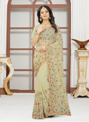 Georgette Embroidered Beige Designer Contemporary Saree