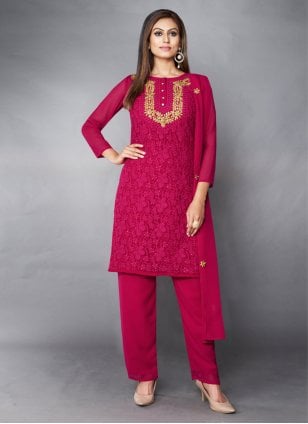 Georgette Pink Sequins Pant Style Suit