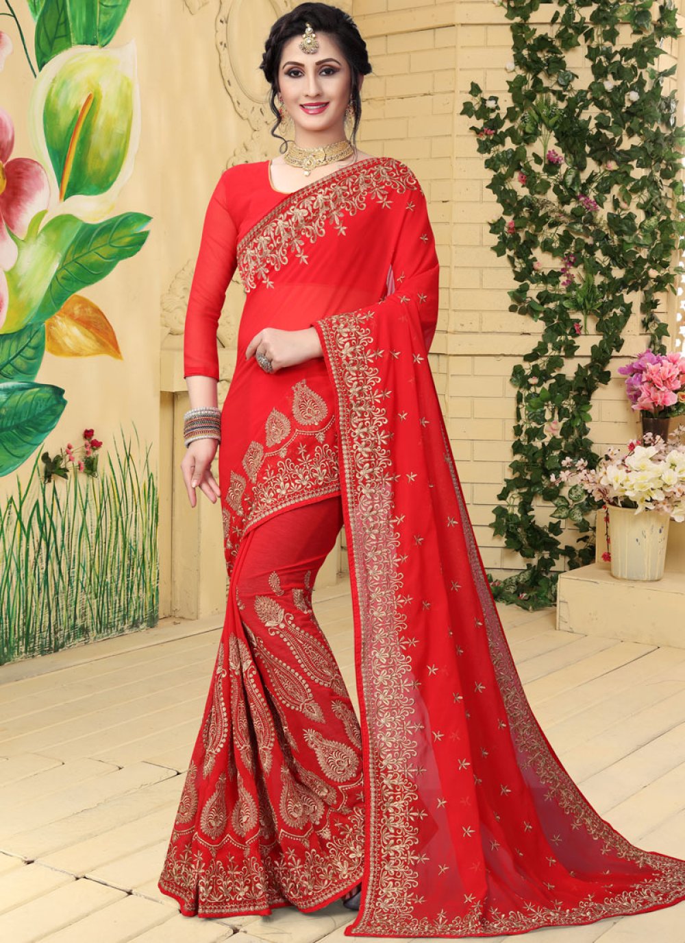 Buy Red and Yellow Traditional Designer Saree For Bridal Online