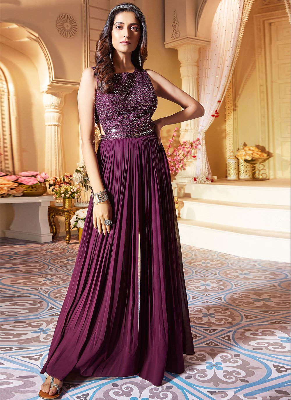Pretty Pink Embroidered Silk Indo-Western Gown ( L-40'' ) #39763 | Buy Indo  Western Gown Online
