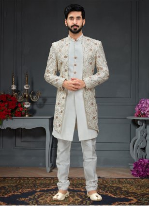 gold and off white reception indo western for men 66778