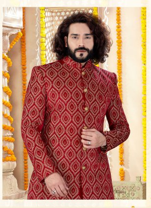 Gold and Red Art Silk Embroidered Sherwani for Men